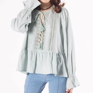 Sage Long Bell Sleeve Crochet Detail Tunic Top